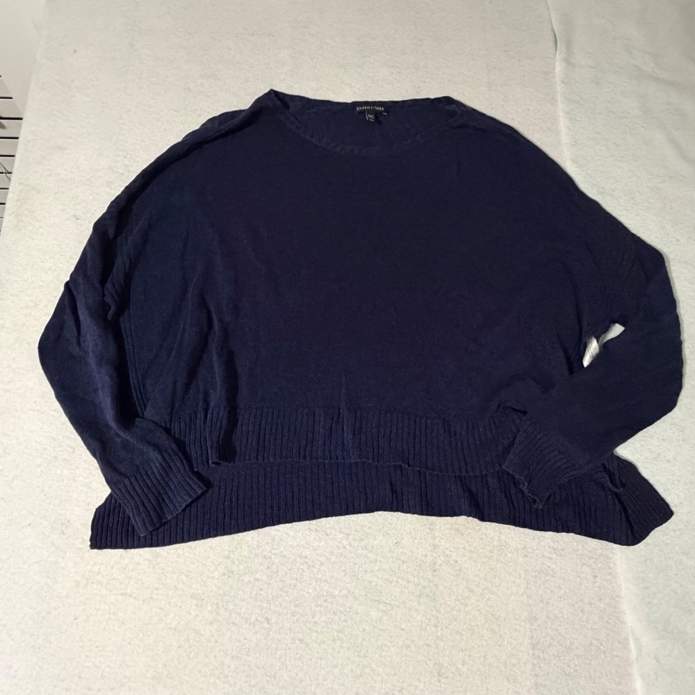 Eileen Fisher Navy Blue 100% Organic Linen Boxy Knit Sweater Small Womens